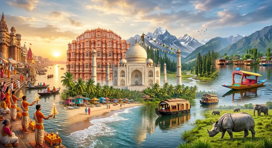 भारत के शीर्ष पर्यटन स्थल, Top Tourist Places in India, India Tourist Places in Hindi, ताजमहल आगरा, मनाली हिल स्टेशन, गोवा बीच, केरल बैकवाटर्स, लेह लद्दाख यात्रा, जयपुर पर्यटन, भारत घूमने की जगहें